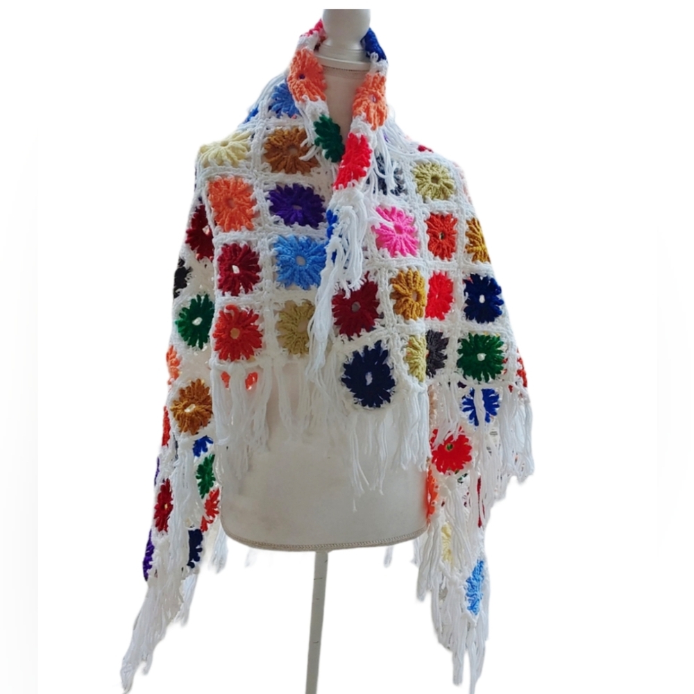 Crocheted Shawl with Fringe Multiple Colors